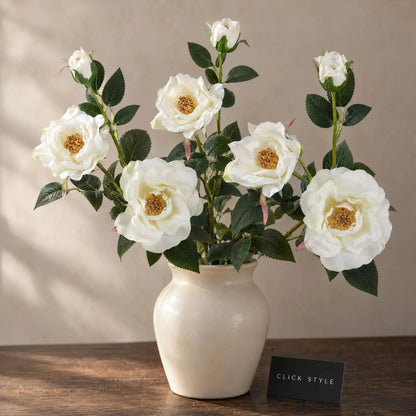 Artificial White Tea Rose Stem with Open Blooms & Rosebud – Lifelike White Faux Rose Flowers with Realistic Green Foliage 60cm – Three Stem Botanical Arrangement with Open Blooms & Rosebuds | Click Style