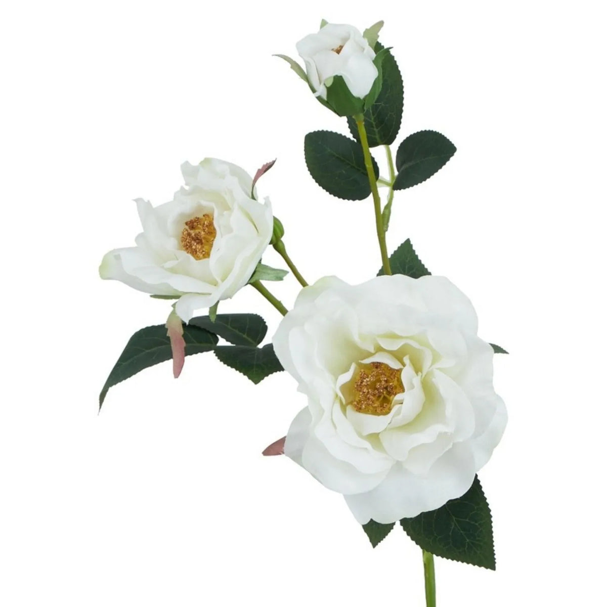 Artificial White Tea Rose Stem with Open Blooms & Rosebud – Lifelike White Faux Rose Flowers with Realistic Green Foliage 60cm – Detailed View of Layered White Blooms Golden Stamens & Rosebud | Click Style