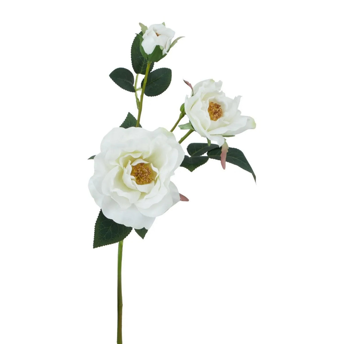 Artificial White Tea Rose Stem with Open Blooms & Rosebud – Lifelike White Faux Rose Flowers with Realistic Green Foliage 60cm – Close-Up of Open White Rose Blooms Rosebud & Green Foliage | Click Style