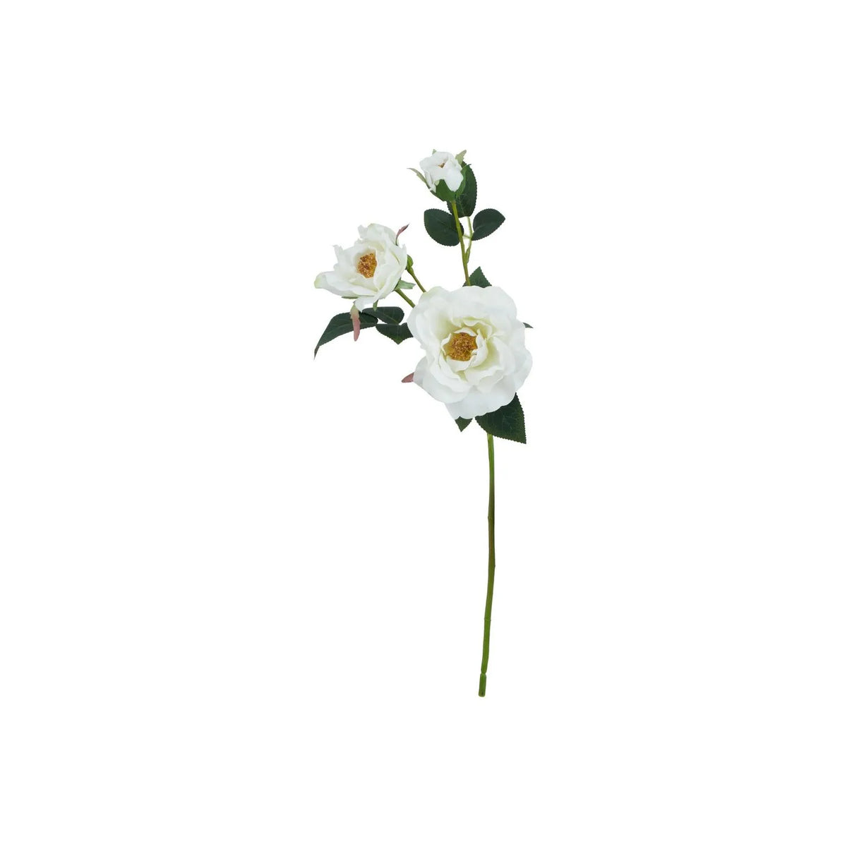 Artificial White Tea Rose Stem with Open Blooms & Rosebud – Lifelike White Faux Rose Flowers with Realistic Green Foliage 60cm – Full Stem View | Click Style