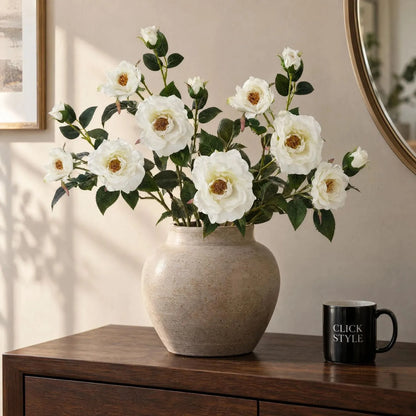 Artificial White Tea Rose Stem with Open Blooms & Rosebud – Lifelike White Faux Rose Flowers with Realistic Green Foliage 60cm – Five Stem Arrangement in Stone Ceramic Vase | Click Style