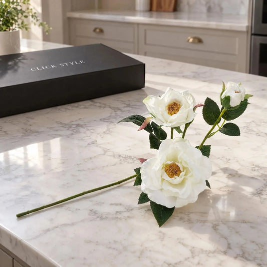 Artificial White Tea Rose Stem with Open Blooms & Rosebud – Lifelike White Faux Rose Flowers with Realistic Green Foliage 60cm – Single Complete Stem on White Marble Kitchen Island | Click Style