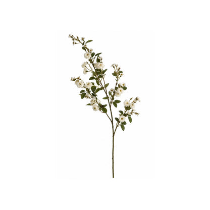Artificial White Wild Meadow Rose Spray with Long Stem Multiple Blooms & Rosebuds – Lifelike White Faux Rose Flowers with Realistic Green Foliage 74cm – Full Single Stem View | Click Style