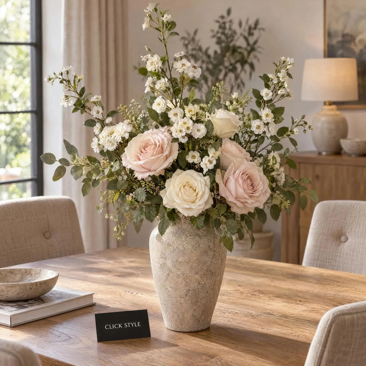 Artificial White Wild Meadow Rose Spray with Long Stem Multiple Blooms & Rosebuds – Lifelike White Faux Rose Flowers with Realistic Green Foliage 74cm – Mixed Floral Arrangement with Blush & Cream Roses | Click Style