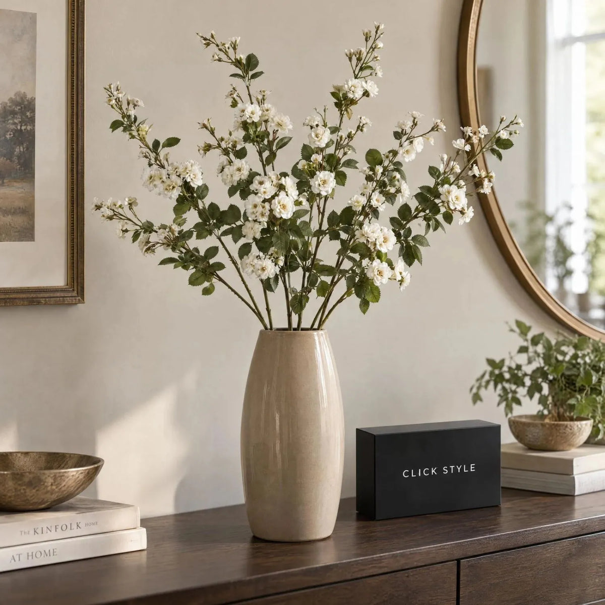 Artificial White Wild Meadow Rose Spray with Long Stem Multiple Blooms & Rosebuds – Lifelike White Faux Rose Flowers with Realistic Green Foliage 74cm – Five Stem Arrangement in Tall Neutral Vase | Click Style