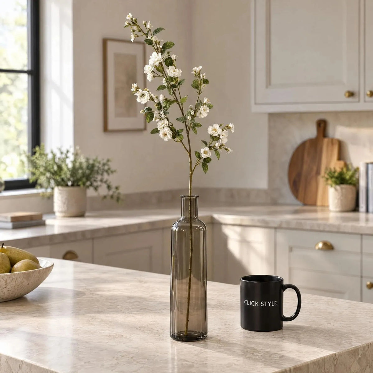 Artificial White Wild Meadow Rose Spray with Long Stem Multiple Blooms & Rosebuds – Lifelike White Faux Rose Flowers with Realistic Green Foliage 74cm – Single Stem in Smoked Glass Vase | Click Style
