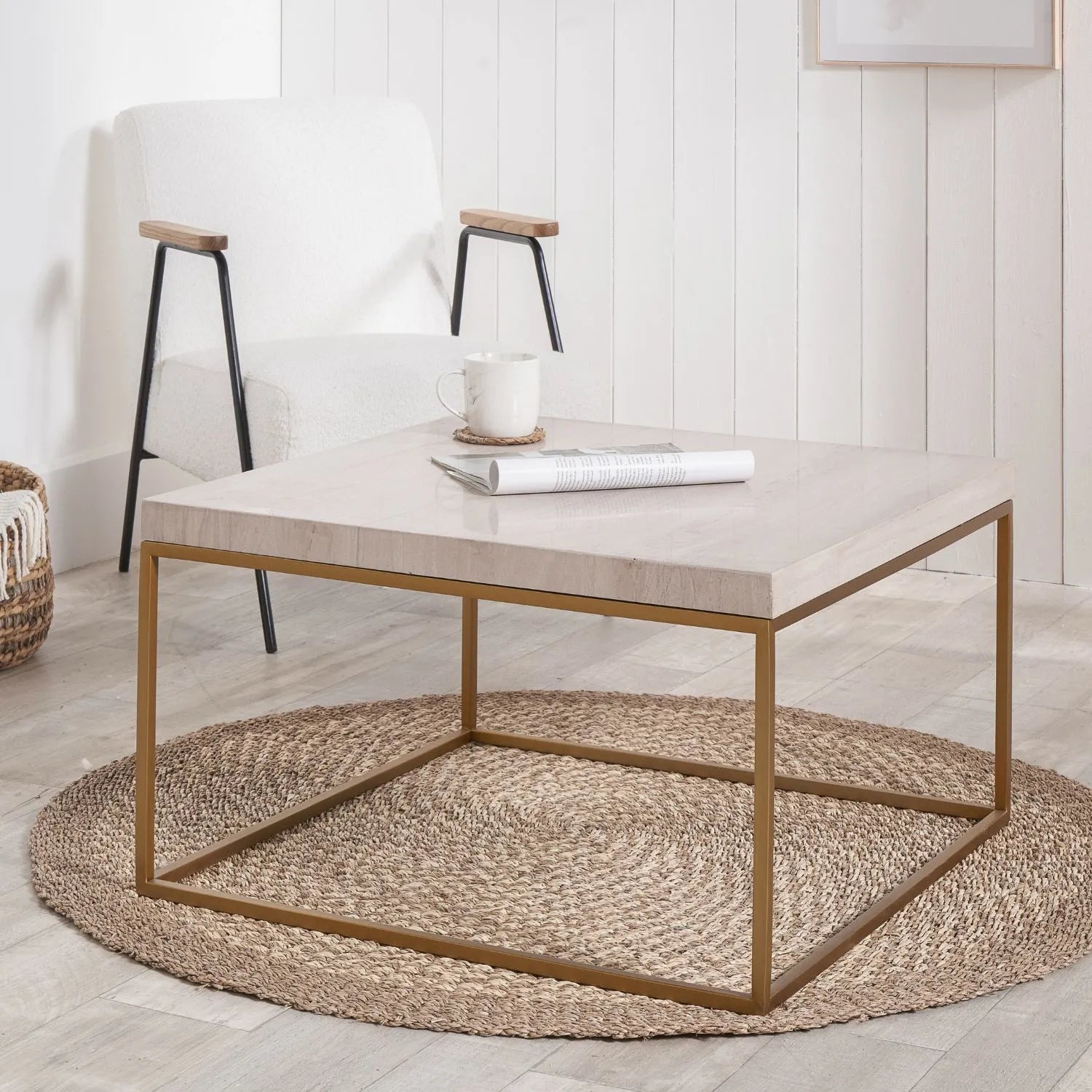 Beige Granite Square Coffee Table with Polished Stone Top & Burnished Gold Metal Open Frame 40x70x70cm | Click Style