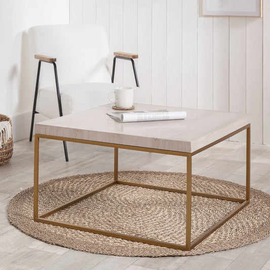 Beige Granite Square Coffee Table with Polished Stone Top & Burnished Gold Metal Open Frame 40x70x70cm | Click Style