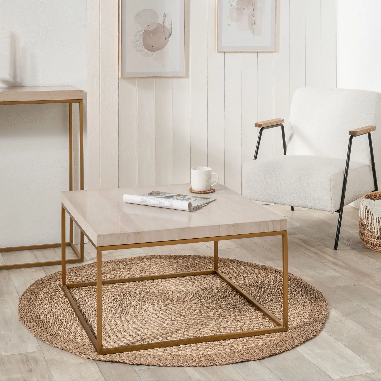 Beige Granite Square Coffee Table with Polished Stone Top & Burnished Gold Metal Open Frame 40x70x70cm | Click Style