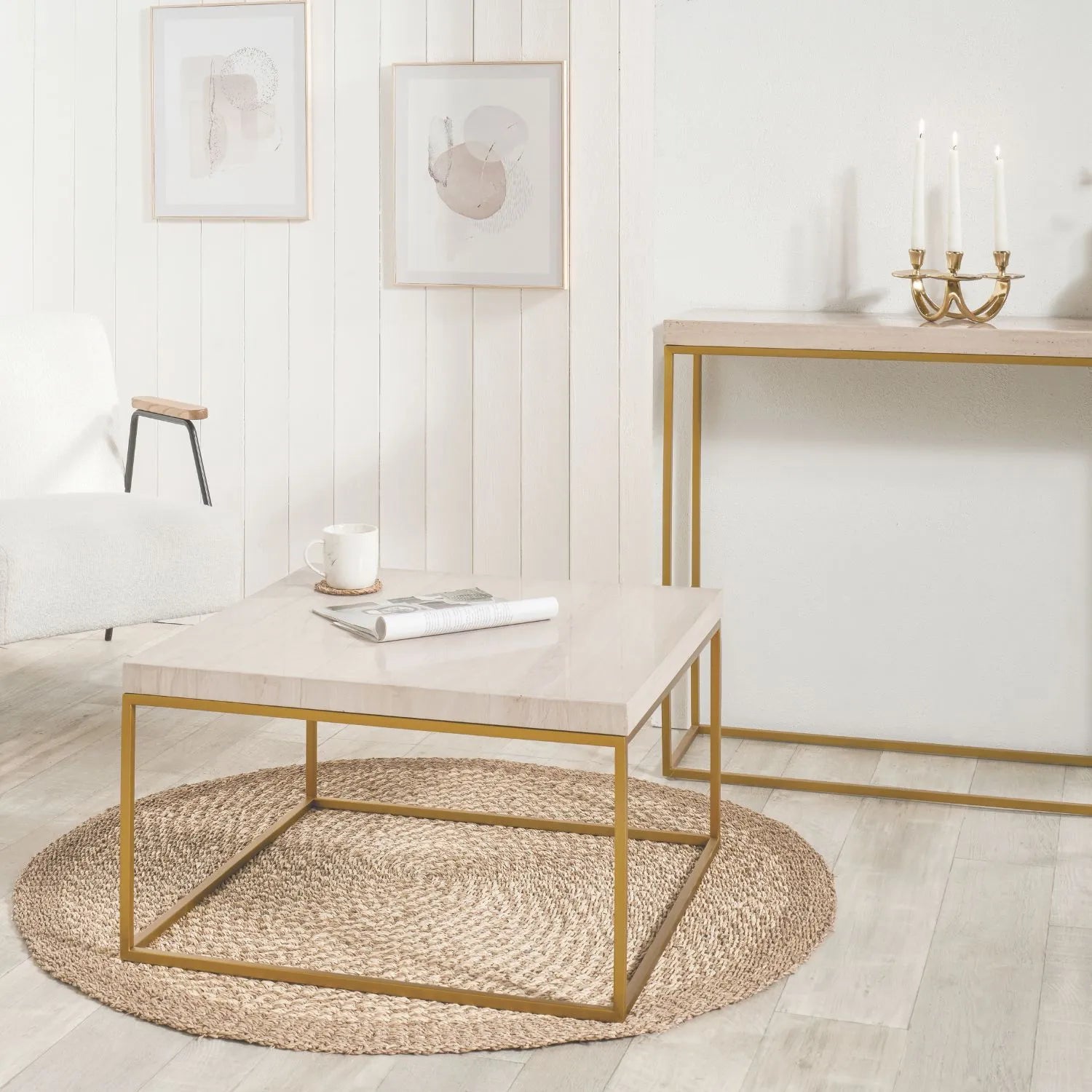 Beige Granite Square Coffee Table with Polished Stone Top & Burnished Gold Metal Open Frame 40x70x70cm | Click Style