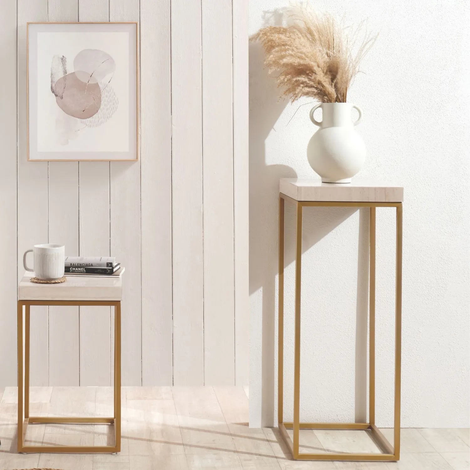 Beige Polished Granite Square Side Table With Burnished Gold Metal Legs – Modern Stone-Top Occasional Table 48x30x30cm | Click Style