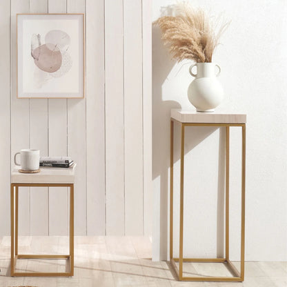 Beige Polished Granite Square Side Table With Burnished Gold Metal Legs – Modern Stone-Top Occasional Table 48x30x30cm | Click Style