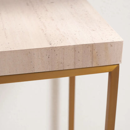 Beige Polished Granite Square Side Table With Burnished Gold Metal Legs – Modern Stone-Top Occasional Table 48x30x30cm | Click Style