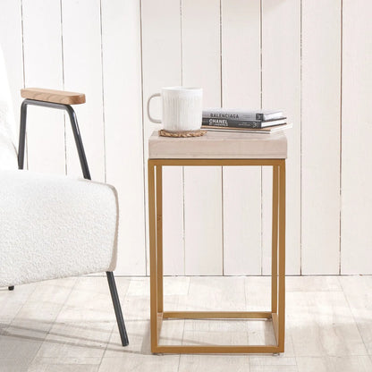 Beige Polished Granite Square Side Table With Burnished Gold Metal Legs – Modern Stone-Top Occasional Table 48x30x30cm | Click Style