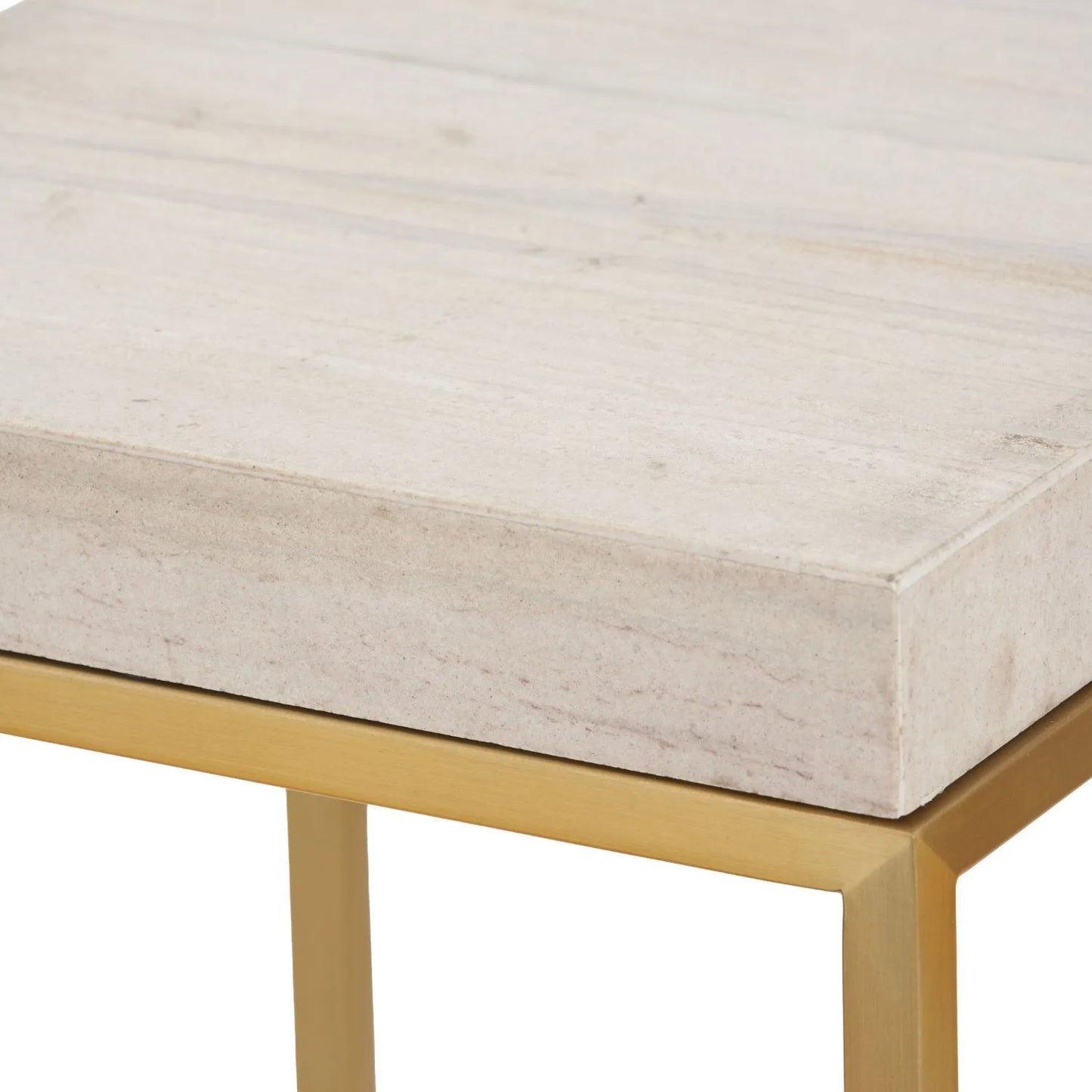 Beige Polished Granite Square Side Table With Burnished Gold Metal Legs – Modern Stone-Top Occasional Table 48x30x30cm | Click Style