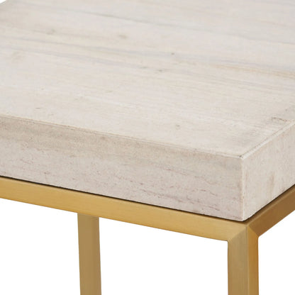 Beige Polished Granite Square Side Table With Burnished Gold Metal Legs – Modern Stone-Top Occasional Table 48x30x30cm | Click Style