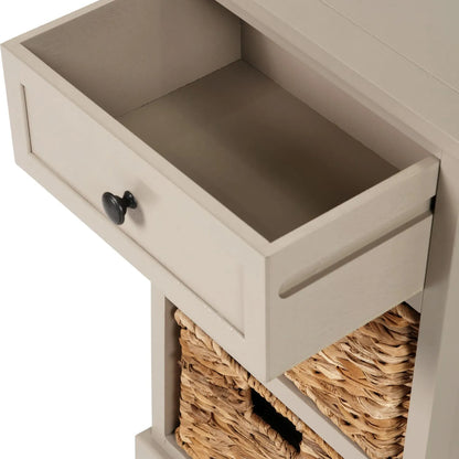 Beige Putty Pine Wood Side Table & Bedside Table with 1 Drawer & 2 Woven Banana Leaf Baskets 70x40x33cm with Black Metal Round Knob Handle – Top View Close-Up with Drawer Open Showing Interior | Click Style