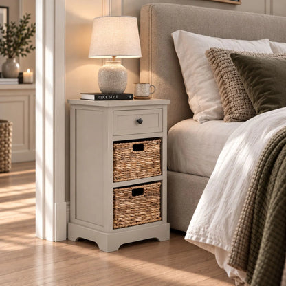 Beige Putty Pine Wood Side Table & Bedside Table with 1 Drawer & 2 Woven Banana Leaf Baskets 70x40x33cm with Black Metal Round Knob Handle – Lifestyle Angled View with Drawer & Both Baskets Closed Beside Upholstered Bed | Click Style
