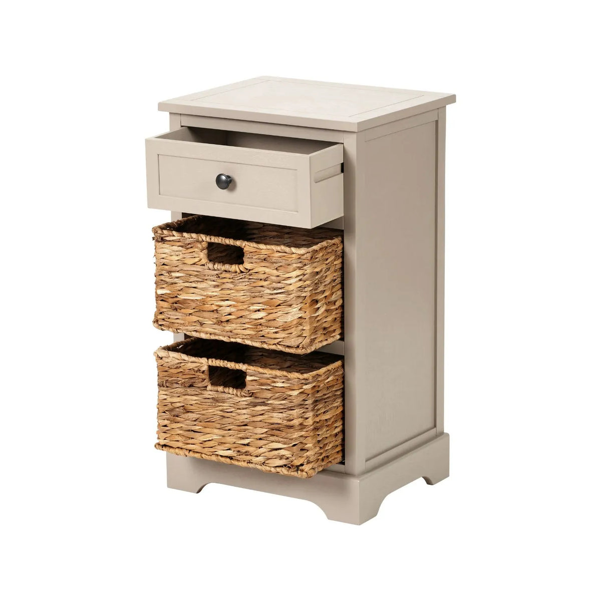 Beige Putty Pine Wood Side Table & Bedside Table with 1 Drawer & 2 Woven Banana Leaf Baskets 70x40x33cm with Black Metal Round Knob Handle – Angled Left View Showing Front Side & Top with Drawer & Both Baskets Open | Click Style