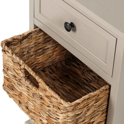 Beige Putty Pine Wood Side Table & Bedside Table with 1 Drawer & 2 Woven Banana Leaf Baskets 70x40x33cm with Black Metal Round Knob Handle – Top View Close-Up with Drawer Closed & Top Basket Open Showing Interior | Click Style