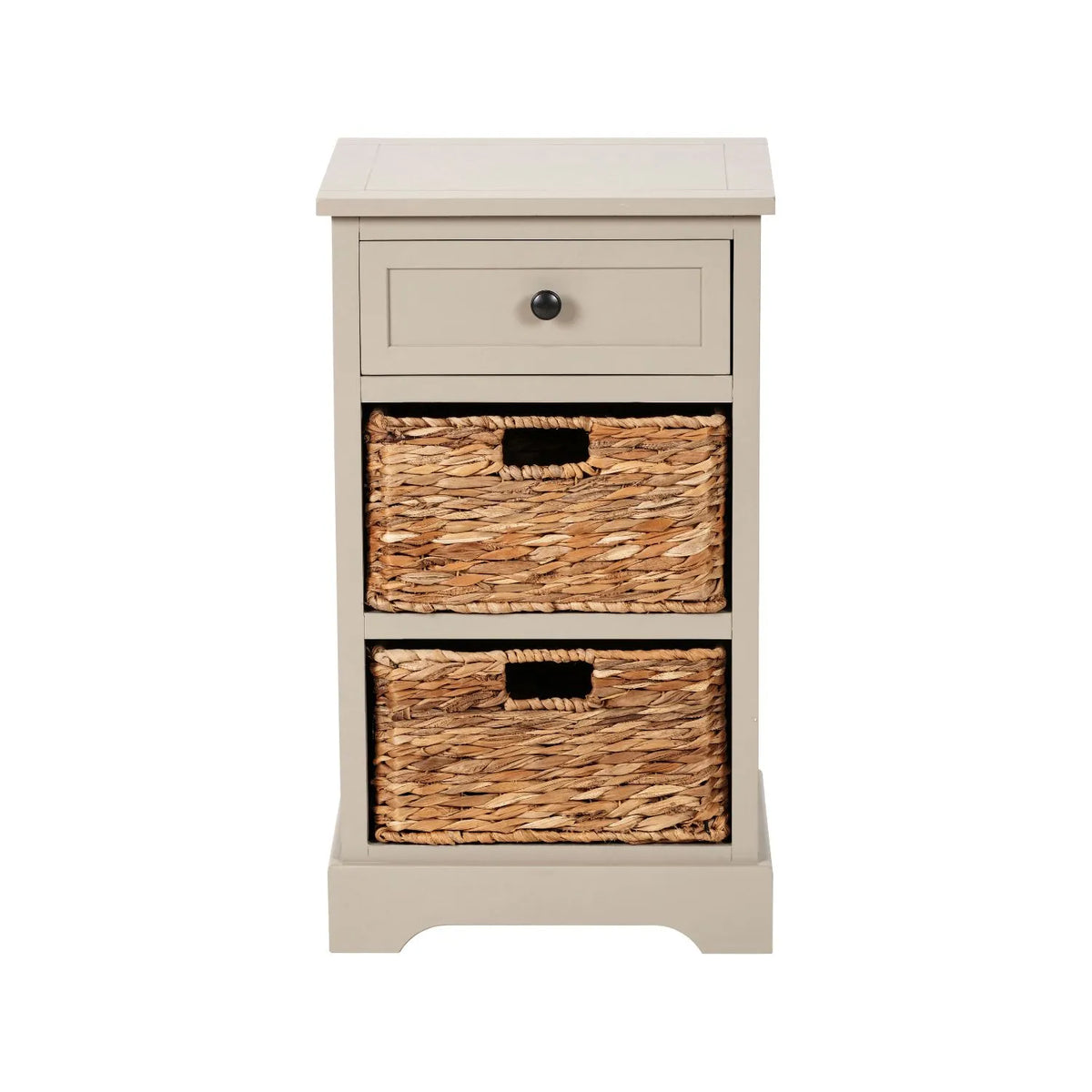 Beige Putty Pine Wood Side Table & Bedside Table with 1 Drawer & 2 Woven Banana Leaf Baskets 70x40x33cm with Black Metal Round Knob Handle – Front View | Click Style