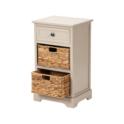 Beige Putty Pine Wood Side Table & Bedside Table with 1 Drawer & 2 Woven Banana Leaf Baskets 70x40x33cm with Black Metal Round Knob Handle – Angled Left View Showing Front Side & Top with Bottom Basket Open | Click Style