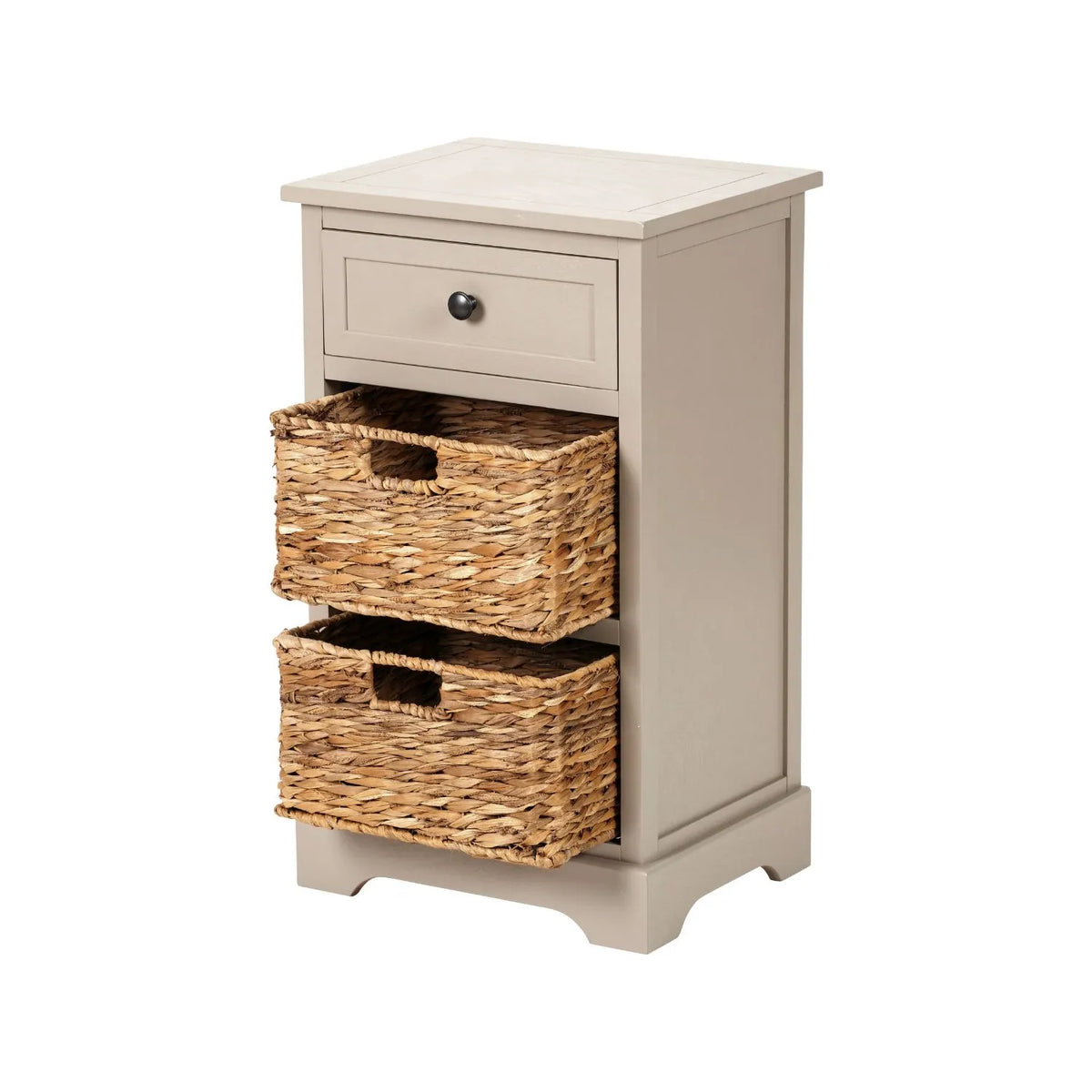 Beige Putty Pine Wood Side Table & Bedside Table with 1 Drawer & 2 Woven Banana Leaf Baskets 70x40x33cm with Black Metal Round Knob Handle – Angled Left View Showing Front Side & Top with Both Baskets Open | Click Style