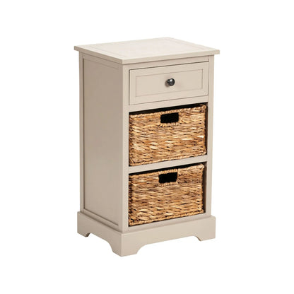 Beige Putty Pine Wood Side Table & Bedside Table with 1 Drawer & 2 Woven Banana Leaf Baskets 70x40x33cm with Black Metal Round Knob Handle – Angled Right View Showing Front Side & Top | Click Style