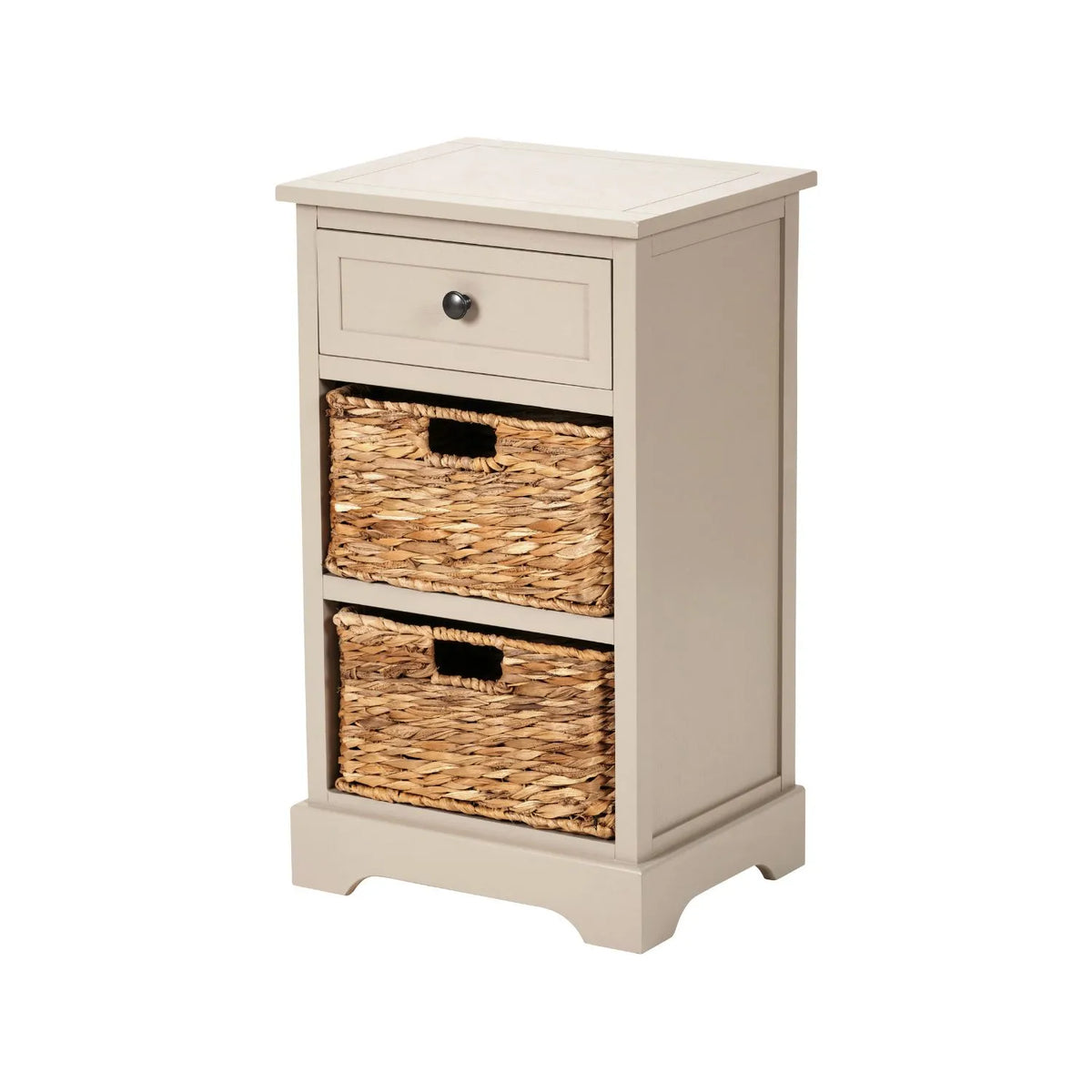 Beige Putty Pine Wood Side Table & Bedside Table with 1 Drawer & 2 Woven Banana Leaf Baskets 70x40x33cm with Black Metal Round Knob Handle – Angled Left View Showing Front Side & Top | Click Style