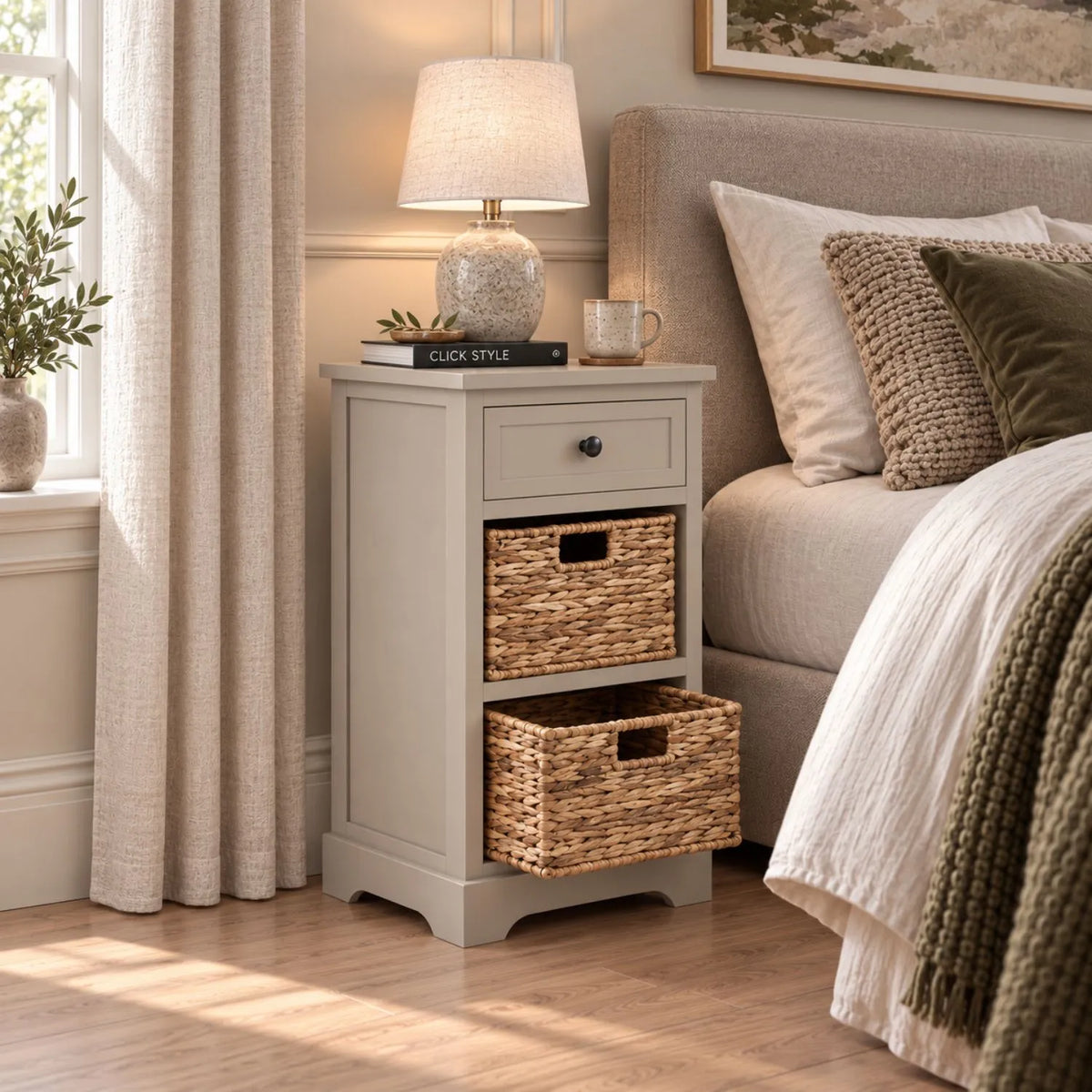 Beige Putty Pine Wood Side Table & Bedside Table with 1 Drawer & 2 Woven Banana Leaf Baskets 70x40x33cm with Black Metal Round Knob Handle – Lifestyle Angled View with Bottom Basket Open Beside Upholstered Bed | Click Style
