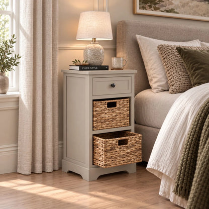 Beige Putty Pine Wood Side Table & Bedside Table with 1 Drawer & 2 Woven Banana Leaf Baskets 70x40x33cm with Black Metal Round Knob Handle – Lifestyle Angled View with Bottom Basket Open Beside Upholstered Bed | Click Style