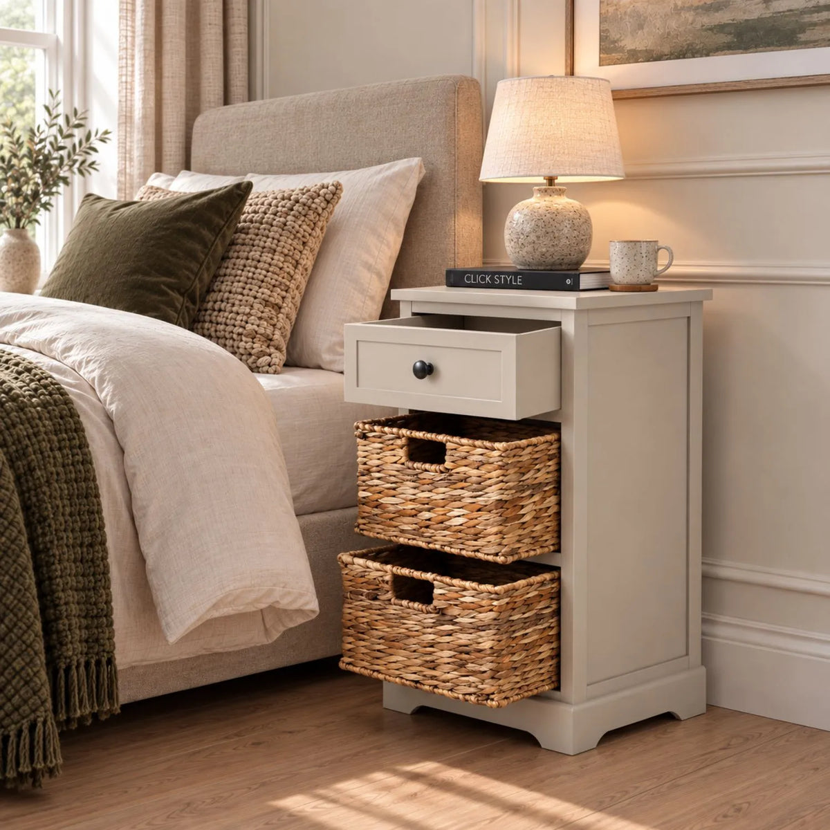 Beige Putty Pine Wood Side Table & Bedside Table with 1 Drawer & 2 Woven Banana Leaf Baskets 70x40x33cm with Black Metal Round Knob Handle – Lifestyle Angled View with Drawer & Both Baskets Open Beside Upholstered Bed | Click Style