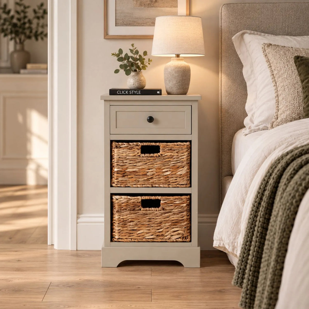 Beige Putty Pine Wood Side Table & Bedside Table with 1 Drawer & 2 Woven Banana Leaf Baskets 70x40x33cm with Black Metal Round Knob Handle – Lifestyle Front View Styled Beside Upholstered Bed | Click Style