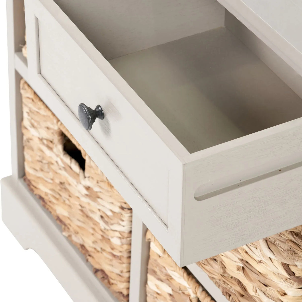Beige Putty Pine Wood Storage Unit with 2 Drawers & 4 Woven Banana Leaf Baskets with Black Metal Handles 70x76x33cm – Top View with Right Drawer Open Showing Interior | Click Style