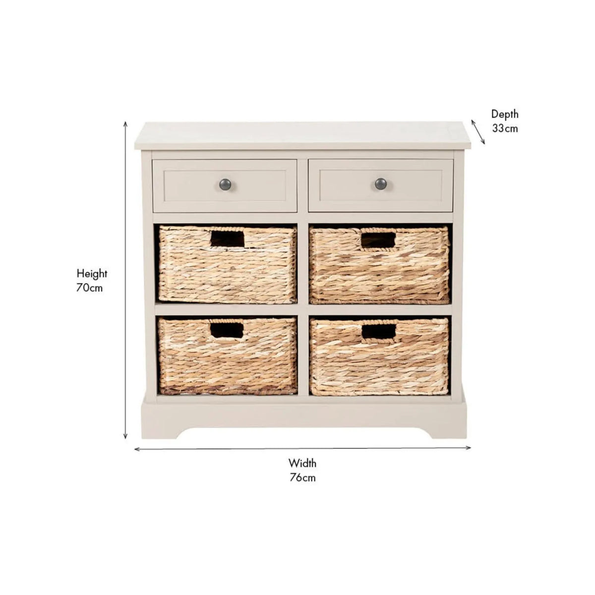 Beige Putty Pine Wood Storage Unit with 2 Drawers & 4 Woven Banana Leaf Baskets with Black Metal Handles 70x76x33cm – Front View with Dimensions | Click Style