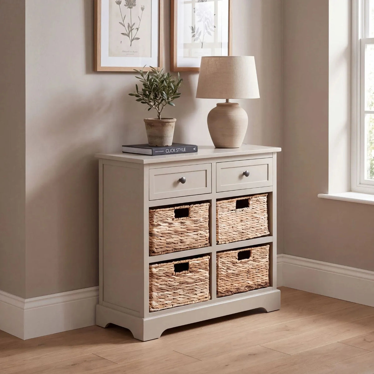 Beige Putty Pine Wood Storage Unit with 2 Drawers & 4 Woven Banana Leaf Baskets 70x76x33cm with Black Metal Knob Handles – Angled Lifestyle View Facing Right | Click Style