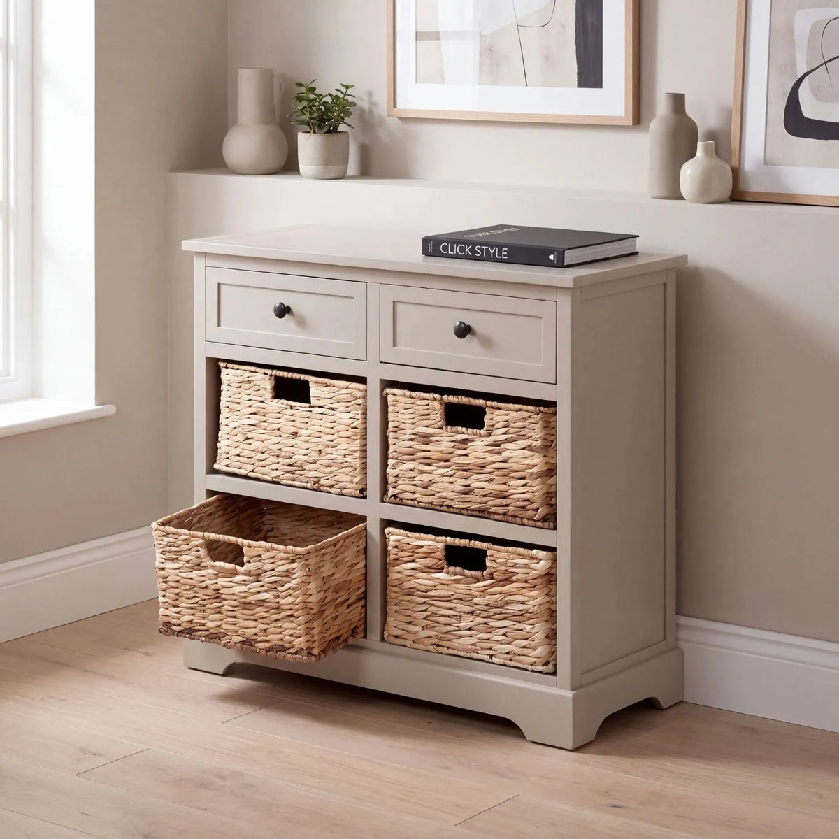 Beige Putty Pine Wood Storage Unit with 2 Drawers & 4 Woven Banana Leaf Baskets 70x76x33cm with Black Metal Knob Handles – Lifestyle View with Bottom Left Basket Open | Click Style