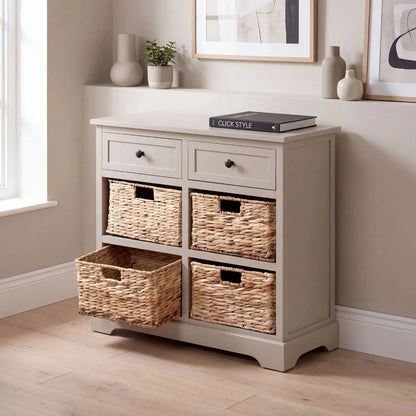 Beige Putty Pine Wood Storage Unit with 2 Drawers & 4 Woven Banana Leaf Baskets 70x76x33cm with Black Metal Knob Handles – Lifestyle View with Bottom Left Basket Open | Click Style