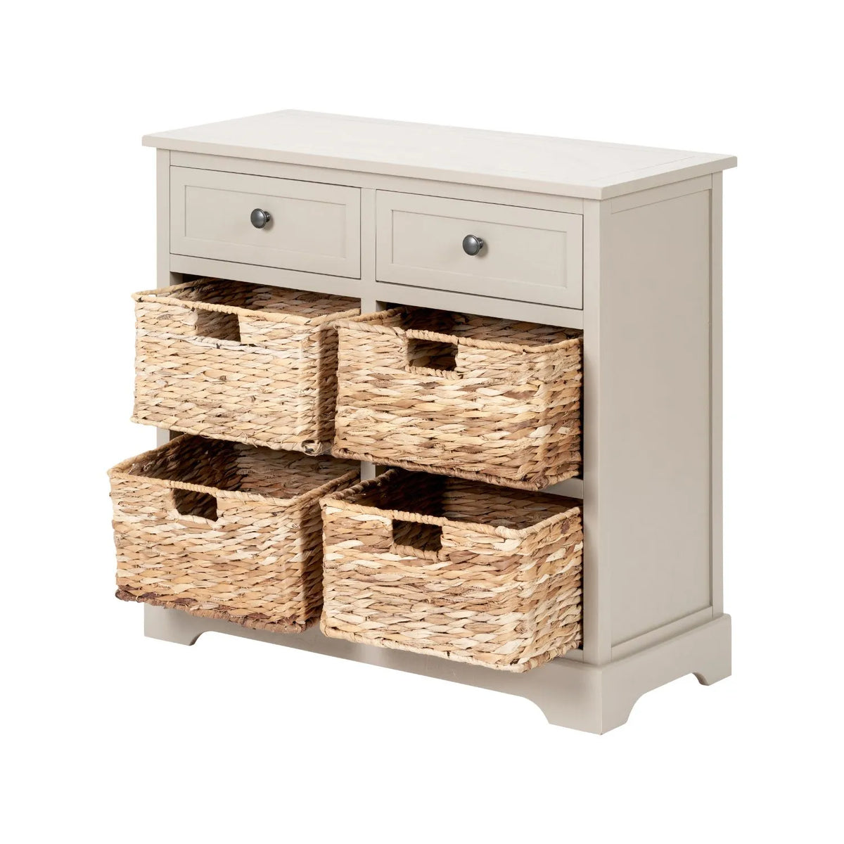 Beige Putty Pine Wood Storage Unit with 2 Drawers & 4 Woven Banana Leaf Baskets with Black Metal Handles 70x76x33cm – Angled Front & Side View Facing Left with All Four Baskets Open | Click Style