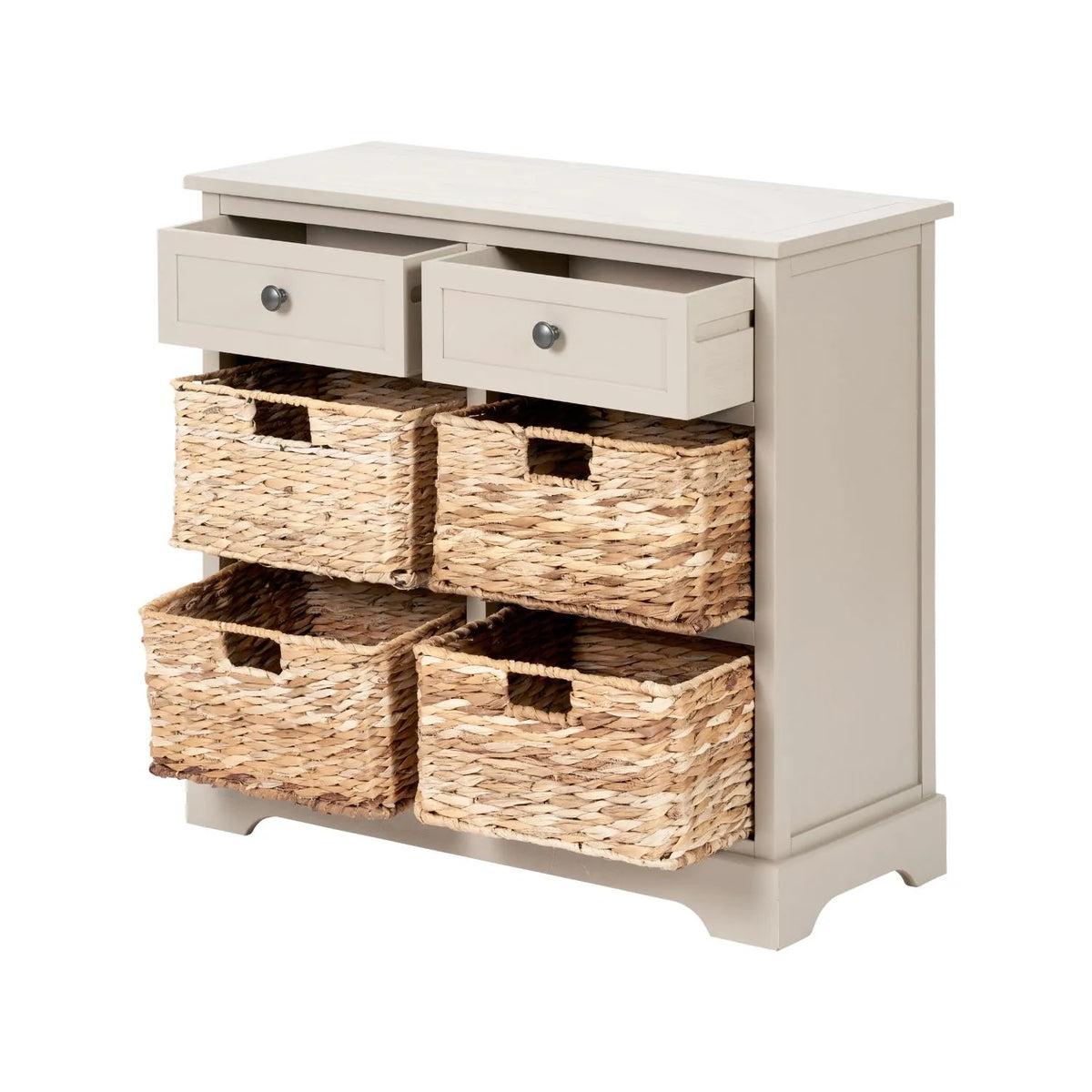 Beige Putty Pine Wood Storage Unit with 2 Drawers & 4 Woven Banana Leaf Baskets with Black Metal Handles 70x76x33cm – Angled Front & Side View Facing Left with Both Drawers & All Four Baskets Open | Click Style