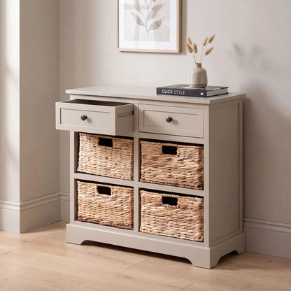 Beige Putty Pine Wood Storage Unit with 2 Drawers & 4 Woven Banana Leaf Baskets 70x76x33cm with Black Metal Knob Handles – Lifestyle View with Left Drawer Open | Click Style