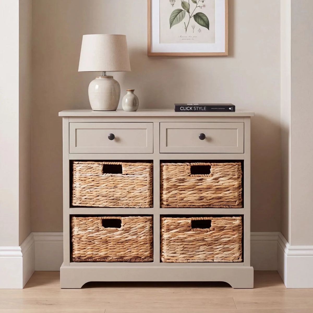Beige Putty Pine Wood Storage Unit with 2 Drawers & 4 Woven Banana Leaf Baskets 70x76x33cm with Black Metal Knob Handles – Front Lifestyle View | Click Style