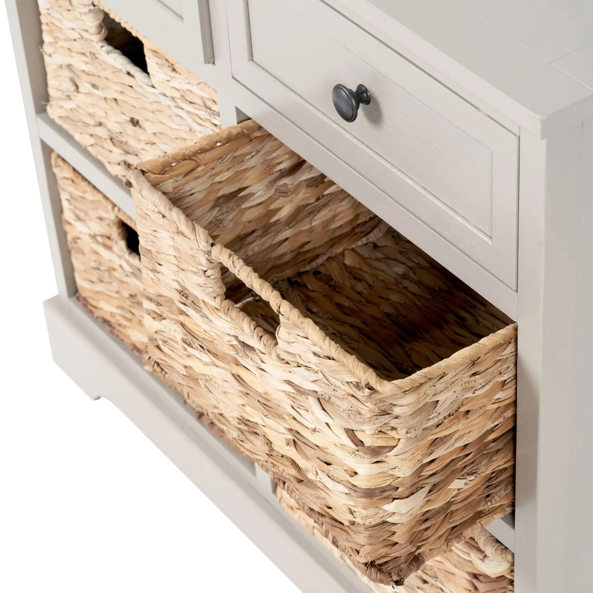 Beige Putty Pine Wood Storage Unit with 2 Drawers & 4 Woven Banana Leaf Baskets with Black Metal Handles 70x76x33cm – Top View Close-Up with Top Right Basket Open | Click Style