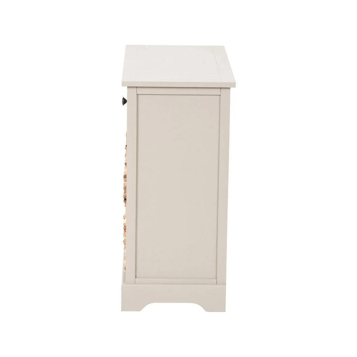 Beige Putty Pine Wood Storage Unit with 2 Drawers & 4 Woven Banana Leaf Baskets with Black Metal Handles 70x76x33cm – Side View Facing Left | Click Style
