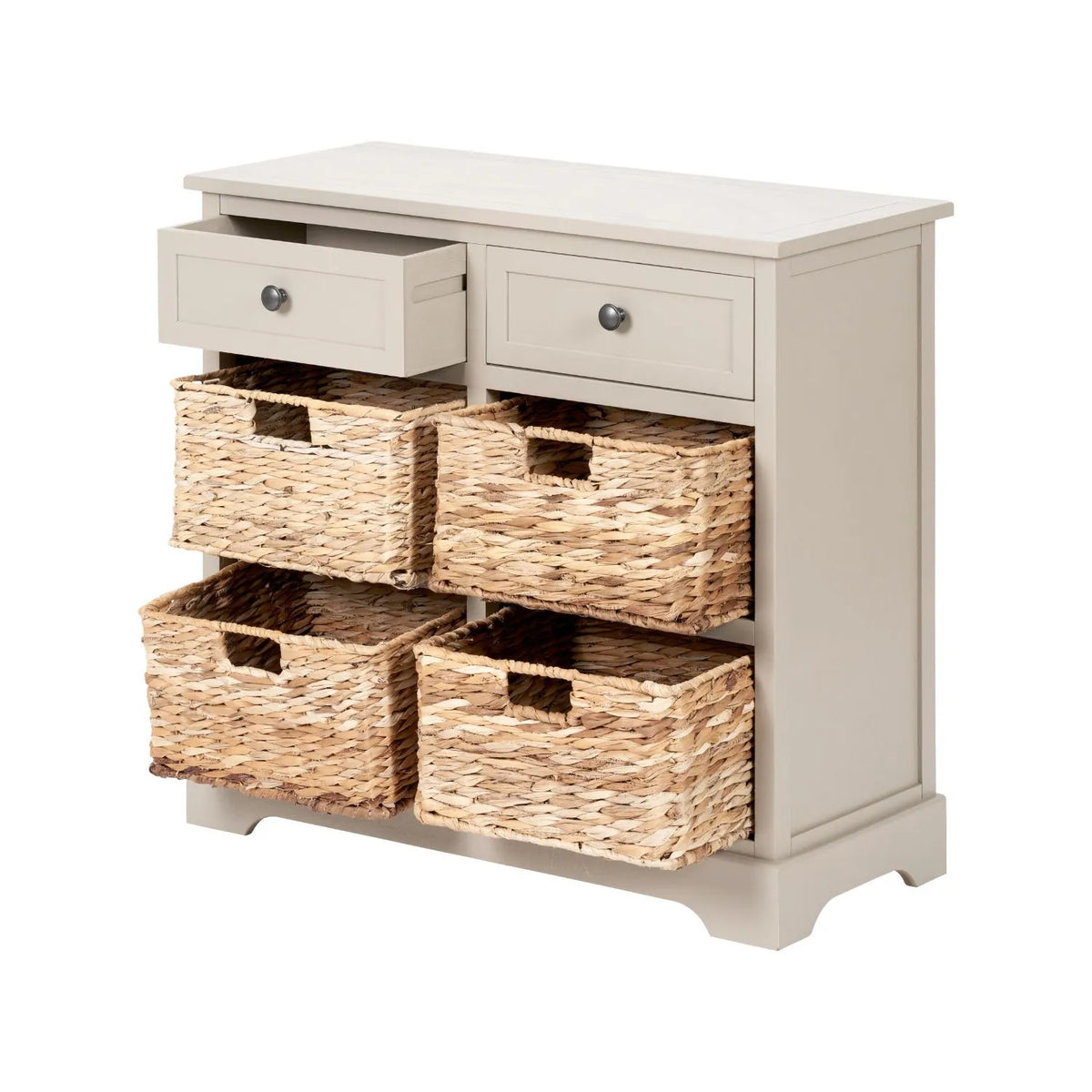 Beige Putty Pine Wood Storage Unit with 2 Drawers & 4 Woven Banana Leaf Baskets with Black Metal Handles 70x76x33cm – Angled Front & Side View Facing Left with All Four Baskets & Left Drawer Open | Click Style