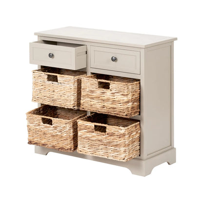 Beige Putty Pine Wood Storage Unit with 2 Drawers & 4 Woven Banana Leaf Baskets with Black Metal Handles 70x76x33cm – Angled Front & Side View Facing Left with All Four Baskets & Left Drawer Open | Click Style