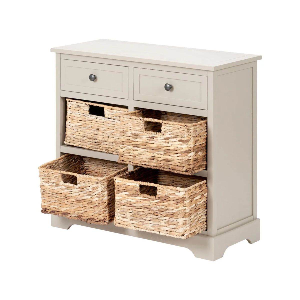Beige Putty Pine Wood Storage Unit with 2 Drawers & 4 Woven Banana Leaf Baskets with Black Metal Handles 70x76x33cm – Angled Front & Side View Facing Left with Three Baskets Open | Click Style
