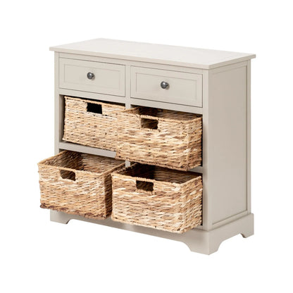 Beige Putty Pine Wood Storage Unit with 2 Drawers & 4 Woven Banana Leaf Baskets with Black Metal Handles 70x76x33cm – Angled Front & Side View Facing Left with Three Baskets Open | Click Style