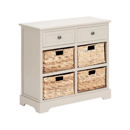 Beige Putty Pine Wood Storage Unit with 2 Drawers & 4 Woven Banana Leaf Baskets with Black Metal Handles 70x76x33cm – Angled Front & Side View Facing Right | Click Style