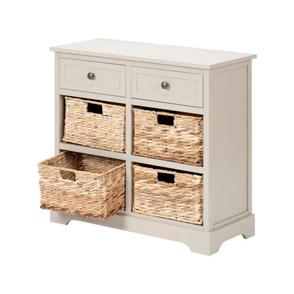 Beige Putty Pine Wood Storage Unit with 2 Drawers & 4 Woven Banana Leaf Baskets with Black Metal Handles 70x76x33cm – Angled Front & Side View Facing Left with First Basket Open | Click Style
